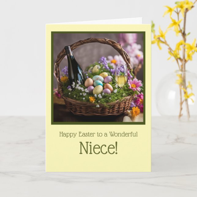 Carte Niece Happy Easter Humor with Wine in Basket  (Fleur jaune)