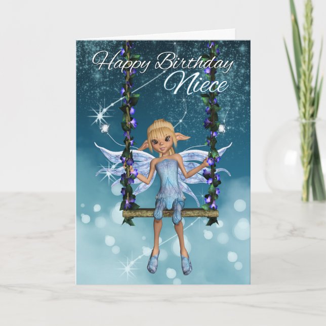 Carte Niece Joyeux anniversaire mignon fée sur balançoir (Devant)