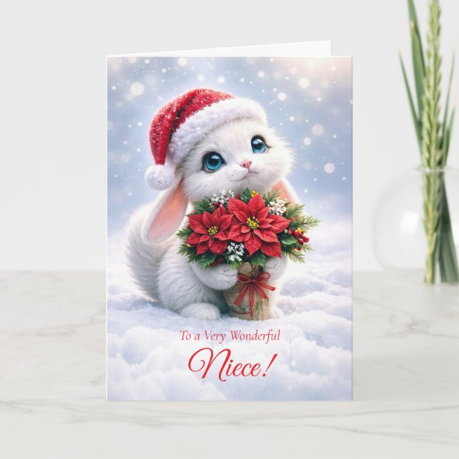 Carte Nièce Joyeux Noël avec Lapin Blanc  (Devant)