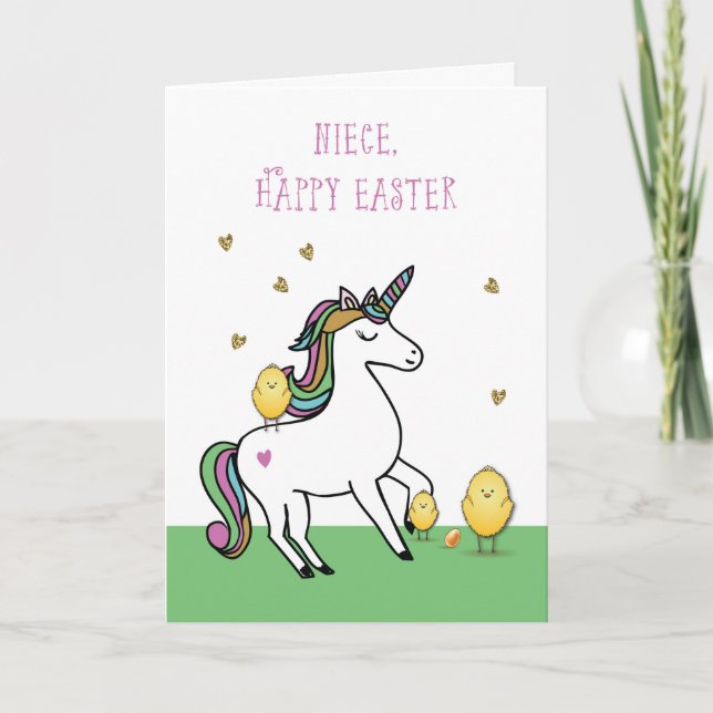 Carte Niece Unicorn voeux de Pâques avec les poussins (Devant)