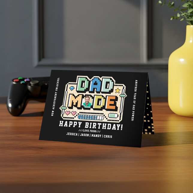 Carte Niveau Up Papa Joueur Stats & Photo Anniversaire (Level Up Dad Gamer Player Stats & Photo Birthday Card)