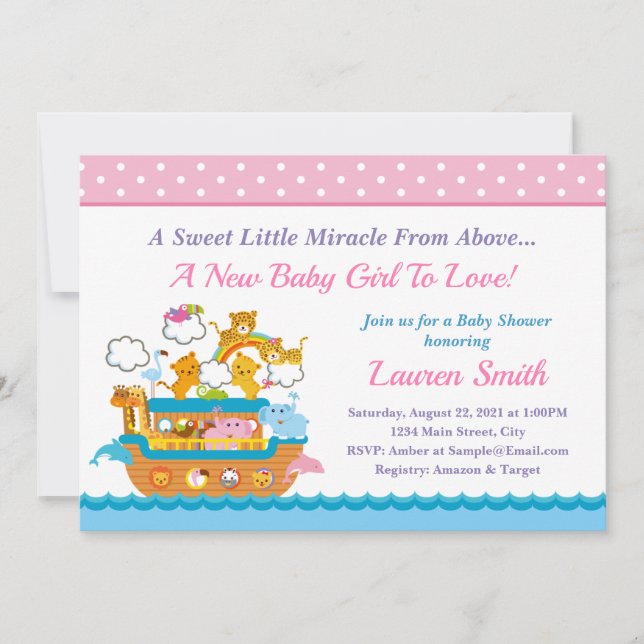 Carte Noah's Ark Girl Baby shower Invitation 5x7 (Devant)