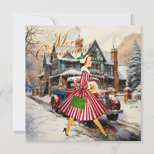 Carte Noël 1950 Dame Vintage  (Devant)
