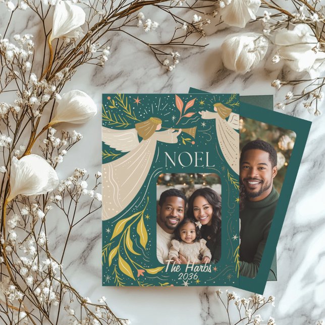 Carte Noel 2 Photo Vert avec Carte de Voeux Angels (Green Noel Holiday 2 Photo Greeting Card)