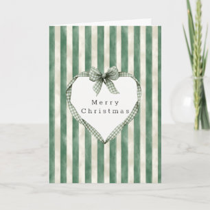 Carte Noël à ruban en forme de cœur rayé vert et crème