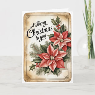 Carte Noël au poinsettia et branche de pin
