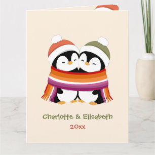 Carte Noël aux manchots lesbiens cosy personnalisés