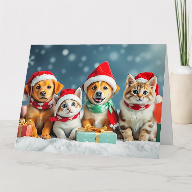 Carte Noël avec des chiots et des chatons (Devant)