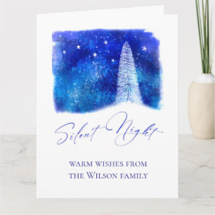 Carte Noel bleu et blanc Silent Night enneigé arbre