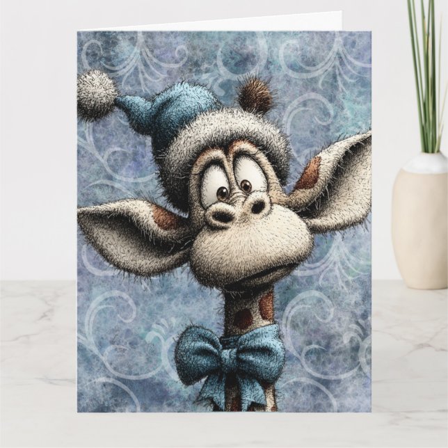 Carte Noël Bleu Girafe Mignon Avec Chapeau (Devant)