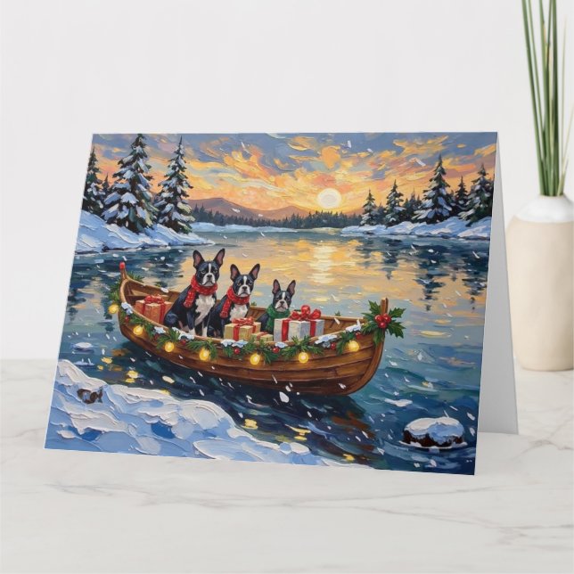 Carte Noël Boston Terrier Bateau Fêtes (Devant)
