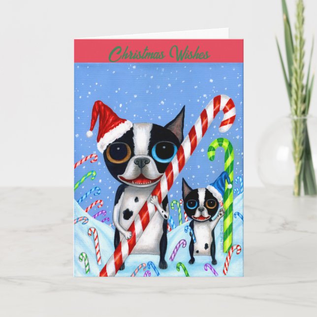 Carte Noël Boston Terrier Chiens Sucre de canne Santa Ha (Devant)