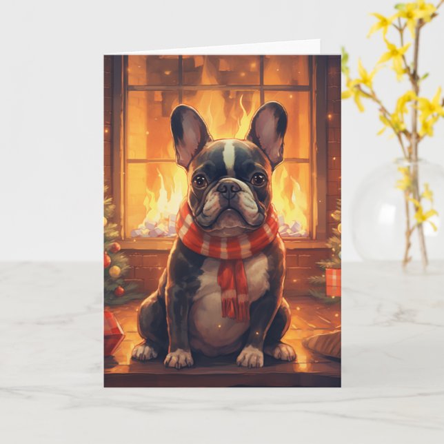Carte Noël Bouledogue Français – Pull Cozy (Fleur jaune)