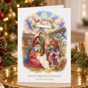 Carte Noël catholique vintage Nativité & Anges