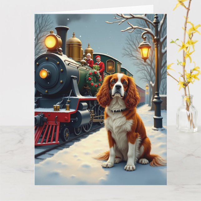 Carte Noël Cavalier King Charles Spaniel en gare (Fleur jaune)