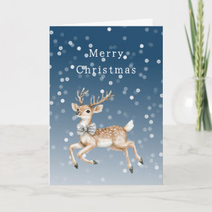 Carte Noël cerf blanc ombré bleu d'hiver confettis