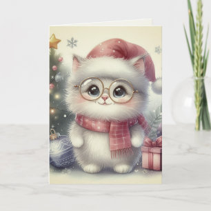 Carte Noël chat vintage nostalgique aquarelle antique