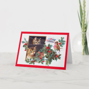 Carte Noël, chaton de Noël et petit oiseau