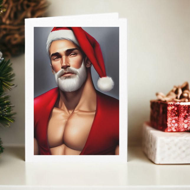 Carte Noël chaud Père Noël (Hot Christmas Santa Claus Card from Ricaso. A sexy white bearded man dressed as Santa.)