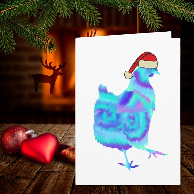 Carte Noël Danse de poulet drôle Funky Festive Hen (Christmas hen wearing a Santa hat colorful chicken dance farm animal art holiday greeting card)