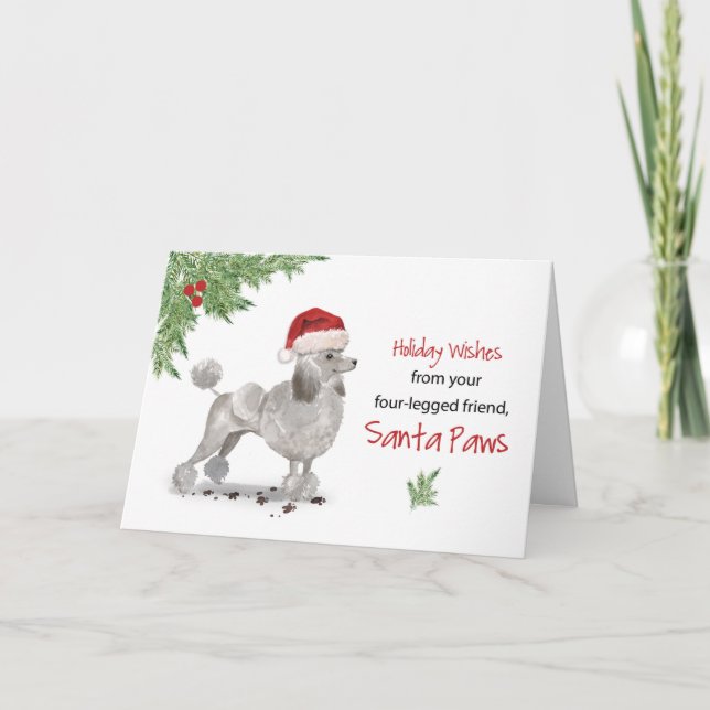 Carte Noël de caniche gris du chien dans Funny Santa Hat (Devant)