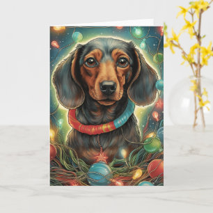 Carte Noël de Dachshund - Enveloppé dans les lumières de