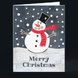 Carte Noël de Snowman personnalisé<br><div class="desc">Cette scène de neige de Noël de bonhomme de neige est imprimée d'un collage conçu par Helen McCartney Designs.</div>