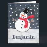 Carte Noël de Snowman personnalisé<br><div class="desc">Cette scène de neige de Noël de bonhomme de neige est imprimée d'un collage conçu par Helen McCartney Designs.</div>