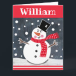 Carte Noël de Snowman personnalisé<br><div class="desc">Cette scène de neige de Noël de bonhomme de neige est imprimée d'un collage conçu par Helen McCartney Designs.</div>