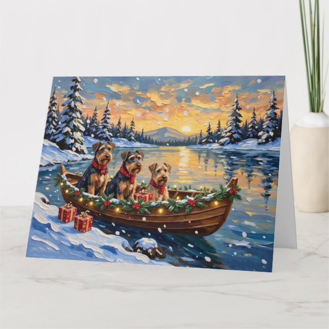 Carte Noël en bateau avec Airedale Terrier (Devant)