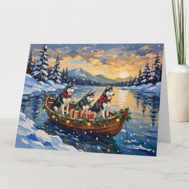 Carte Noël en bateau avec Husky sibérien (Devant)