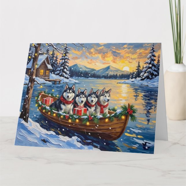 Carte Noël en bateau avec Malamute d'Alaska Fêtes (Devant)