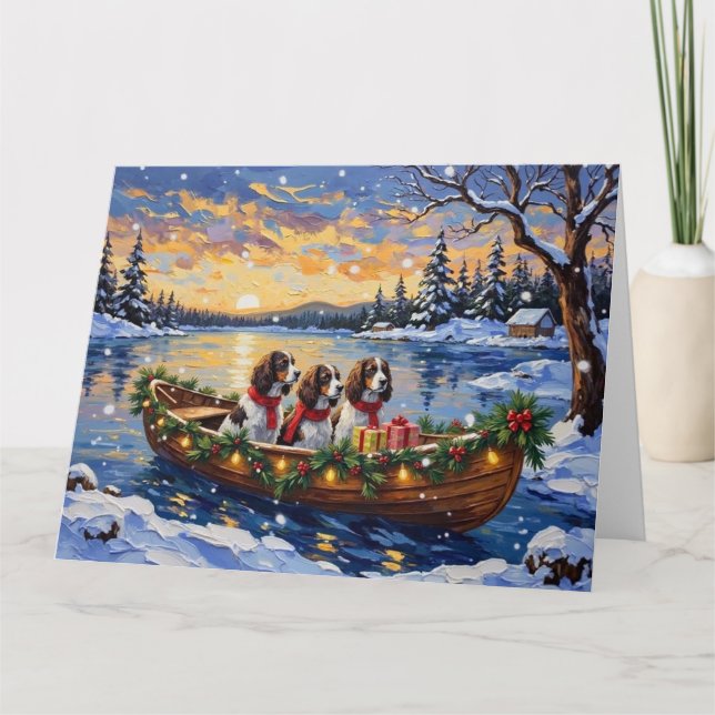 Carte Noël en bateau avec Springer Spaniel (Devant)