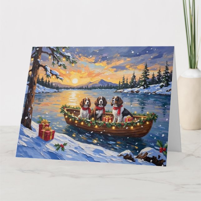 Carte Noël en bateau avec un Brittany Spaniel (Devant)