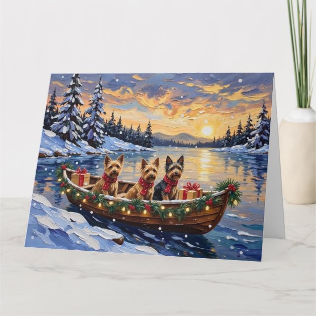 Carte Noël en bateau avec un Terrier Australien (Devant)