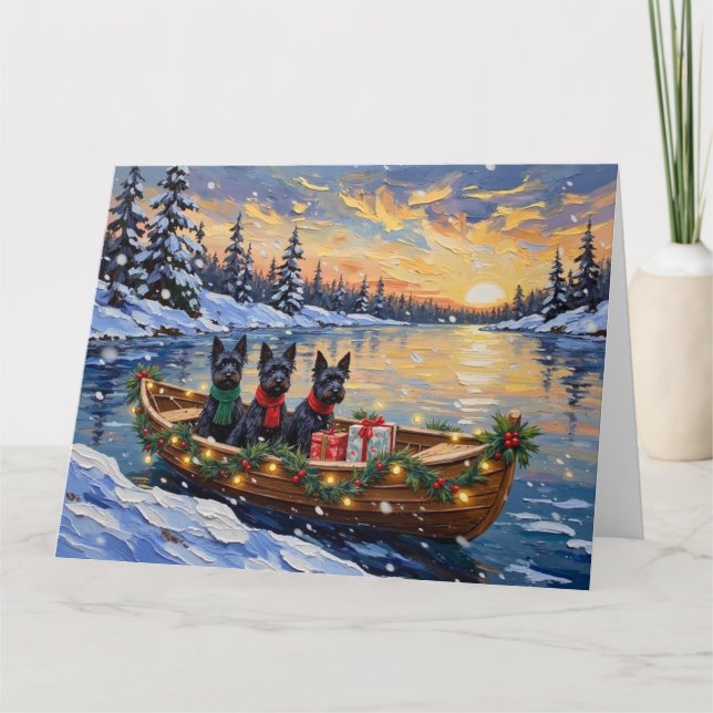 Carte Noël en bateau avec un Terrier Écossais (Devant)