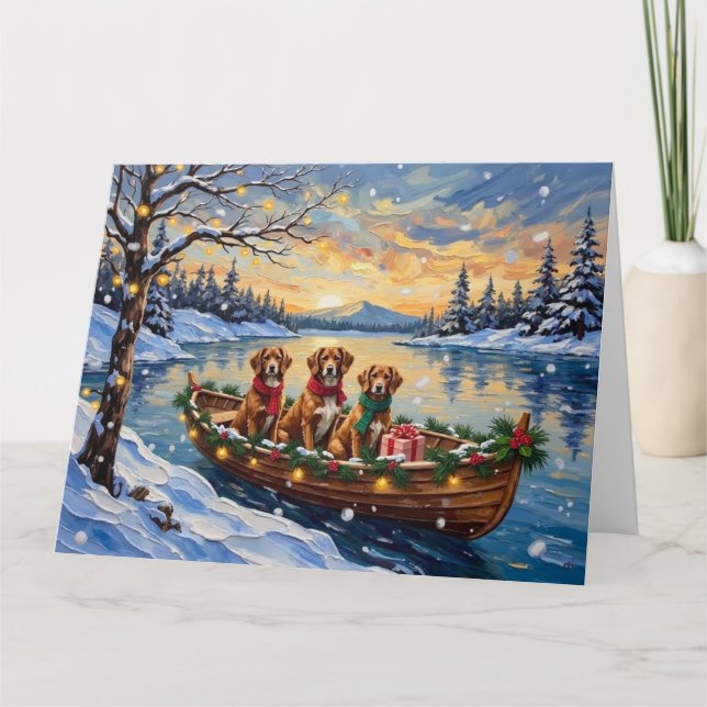 Carte Noël en bateau avec un Vizsla (Devant)