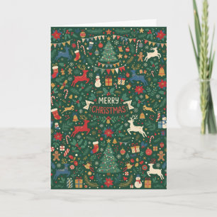 Carte Noël en bois vert en art populaire avec renne