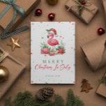 Carte Noël en Flamant rose juillet<br><div class="desc">Envisagez une scène charmante où un délicieux flamant rose, orné d'un chapeau de Père Noël festif, pose gracieusement à côté d'un éventail d'étoiles de mer, de coquillages et de coraux. L'ensemble est baigné d'harmonieuses nuances de vert et de rose, ce qui en fait le motif parfait pour une fête de...</div>