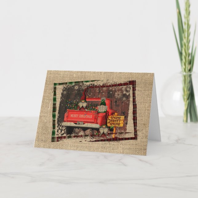 Carte Noël Gnome Sweet Gnome Camion Rouge Plaid Rustique (Devant)
