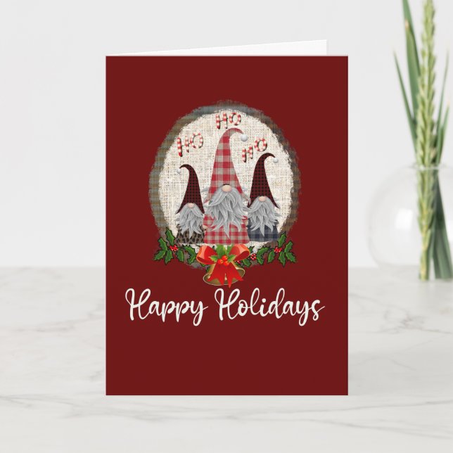 Carte Noël Gnomes Rouge Joyeuses Fêtes Rustique, Carreau (Devant)