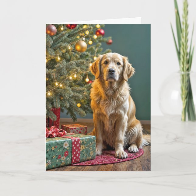 Carte Noël Golden Retriever avec cadeaux de vacances (Devant)