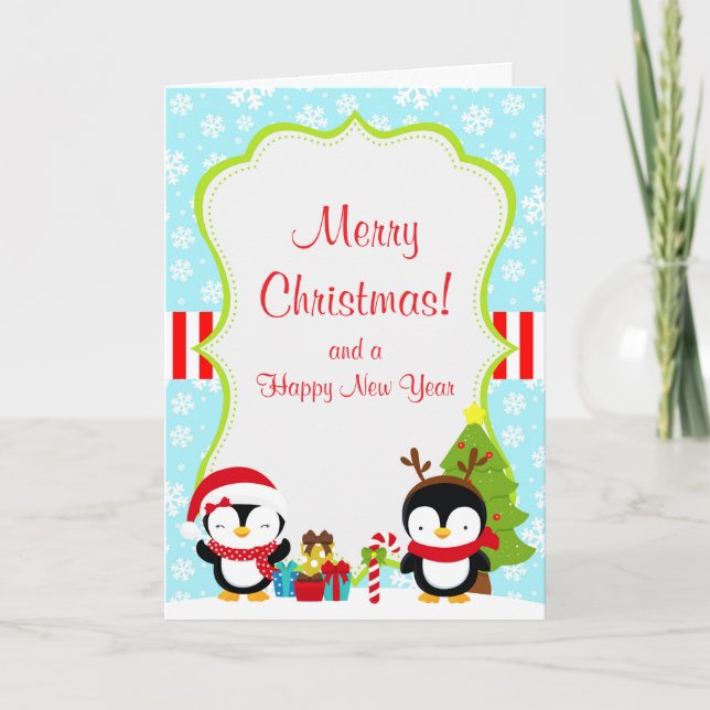 Carte Noël hiver mignonne pingouins Joyeux Noël (Devant)