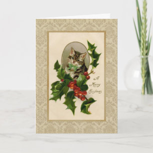 Carte Noël Holly Chat Reproduction Vintage