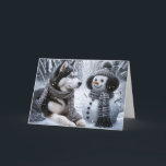 Carte Noël Husky et Snowman Dans les Bois d'hiver<br><div class="desc">Un mignon chien écossais aux yeux bleus et un bonhomme de neige en flocons de neige pour Noël. Le texte peut être modifié.</div>