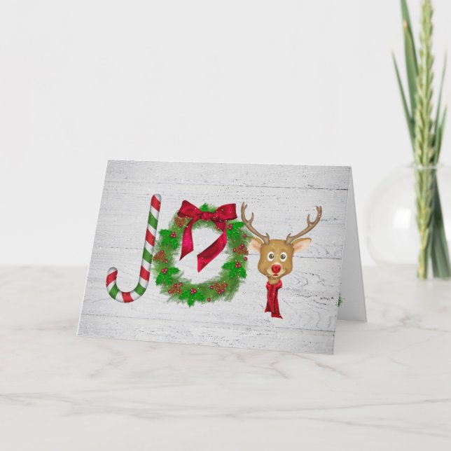 Carte Noël Joie sur le bois gris rustique avec des floco (Devant)