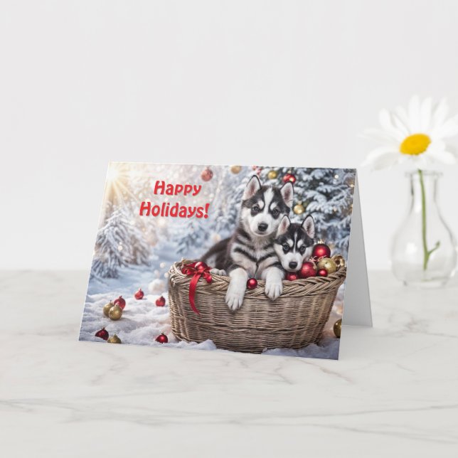 Carte Noël Joyeux Vacances Husky Huskies Chiens mignons (Petite plante)