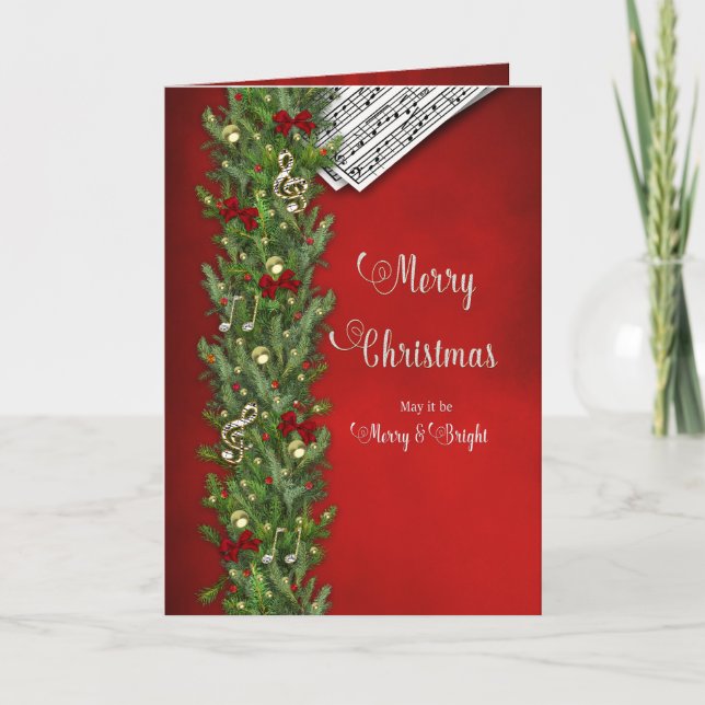 Carte Noël, Musique Notes, Rouge, Branche de pin, Joyeux (Devant)