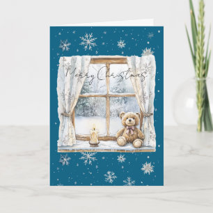 Carte Noël Ourson de Fenêtre Flocons de Neige Bleu Argen