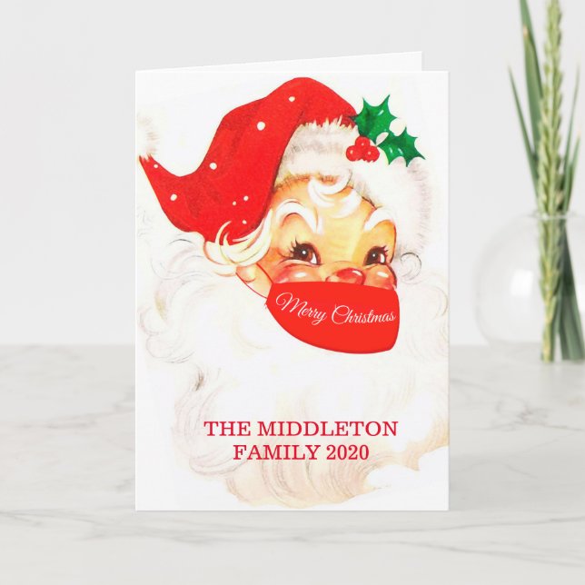 Carte Noël Père Noël Corona Masque social Distances Roug (Devant)